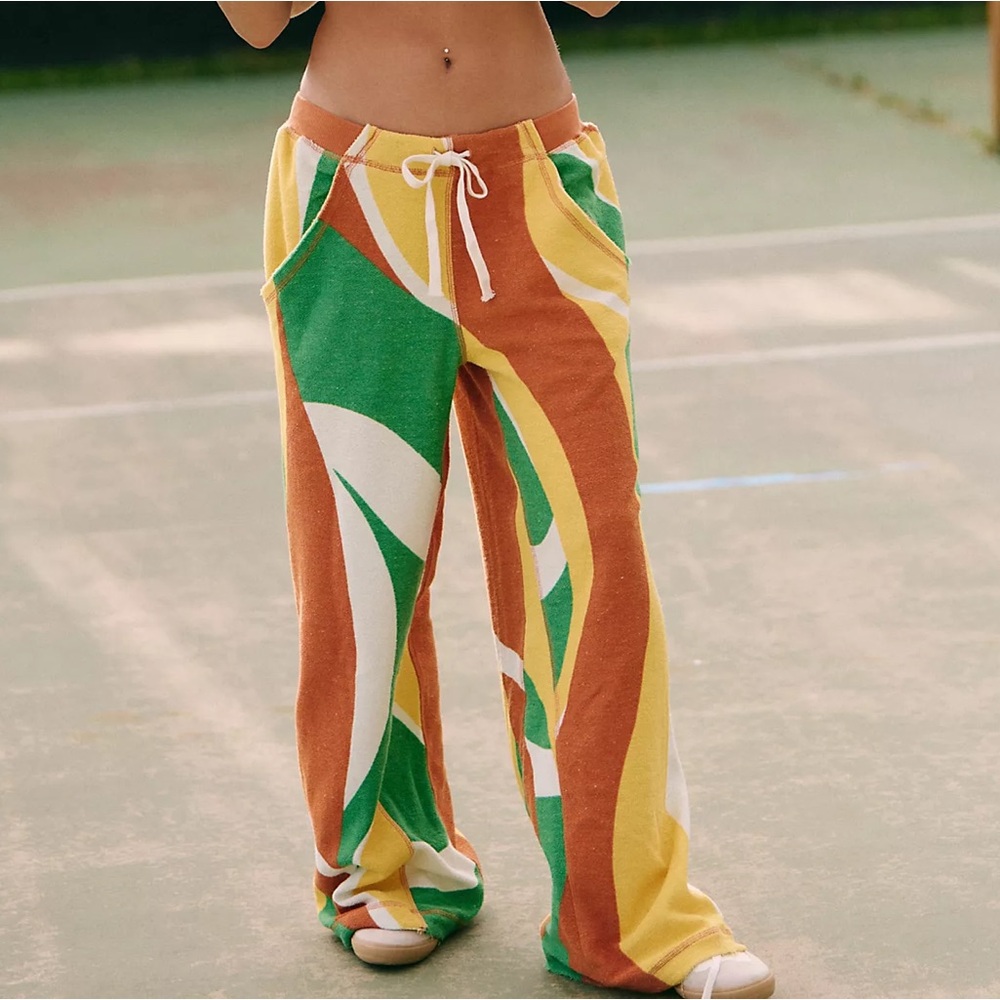 NWT Free People One Above Retro 70s Wide Leg Pants in Orange Yellow Green - Picture 2 of 8